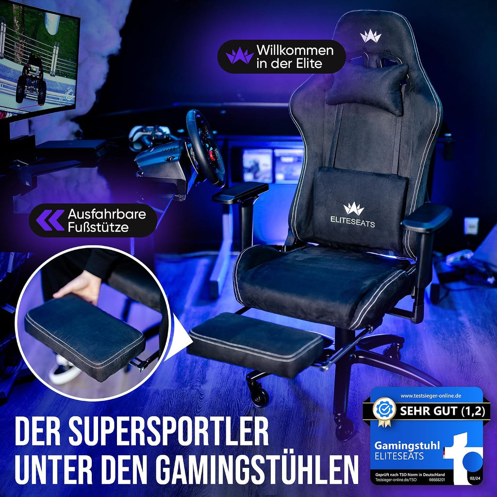 Ergonomischer Gaming Stuhl mit Fußstütze 4D Armlehnen Memory Foam Stoffbezug 150 kg Belastbarkeit
