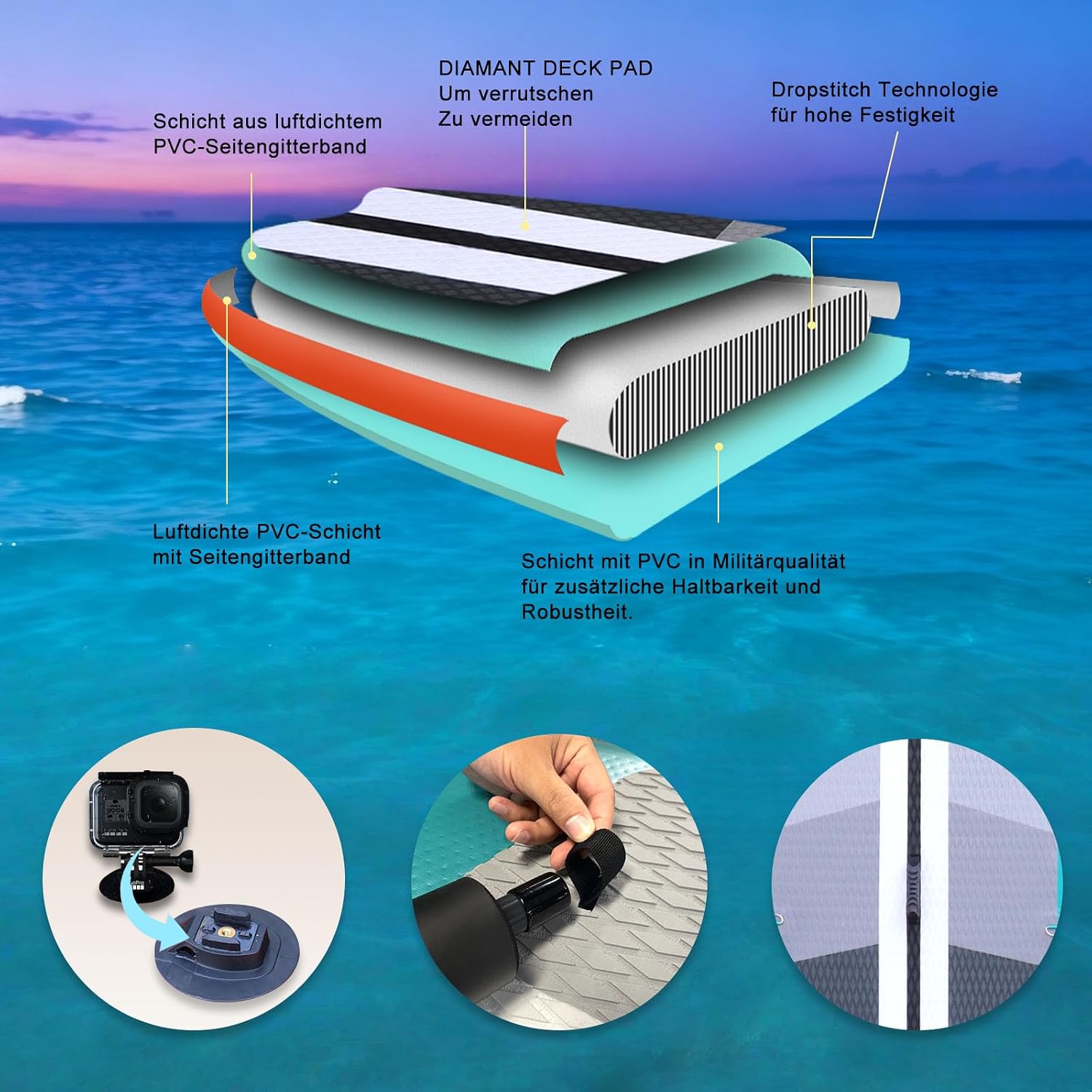 Aufblasbares SUP Board Set mit Kajak Sitz 330x76x15 cm bis 150 kg Tragkraft mit Doppel-Paddel 3 Finnen und Zubehör