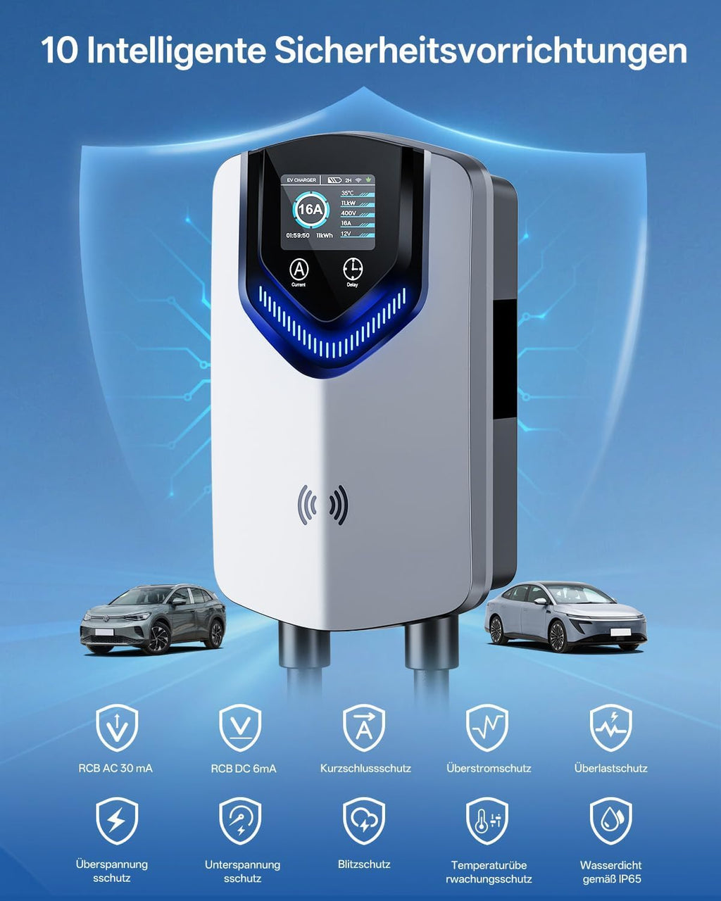 Wallbox Ladegerät Laden APP RFID 11kW 400V 6-16A Typ 2 EV Ladestation 8m Kabel mit Kabelhalter