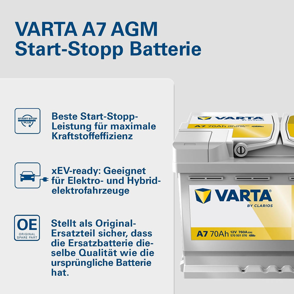 Autobatterie AGM A7 12V 70Ah 760A Start-Stopp Batterie für PKW Bleisäurebatterie Modell 570 901 076