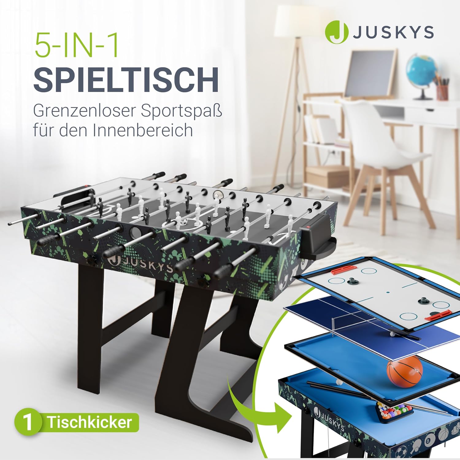 Multifunktionaler Spieltisch 5-in-1 klappbar mit Tischtennisplatte Tischkicker Billardtisch Hockey Basketball Modell 24875