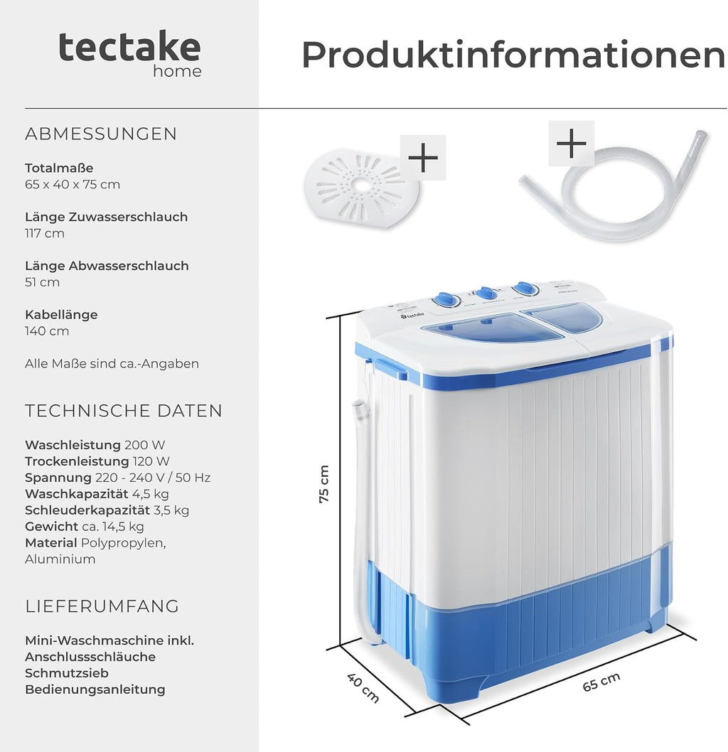 Mini Waschmaschine mit Schleuderfunktion 4,5 kg Toplader Camping Reisewaschmaschine 2-in-1 Modell 400777