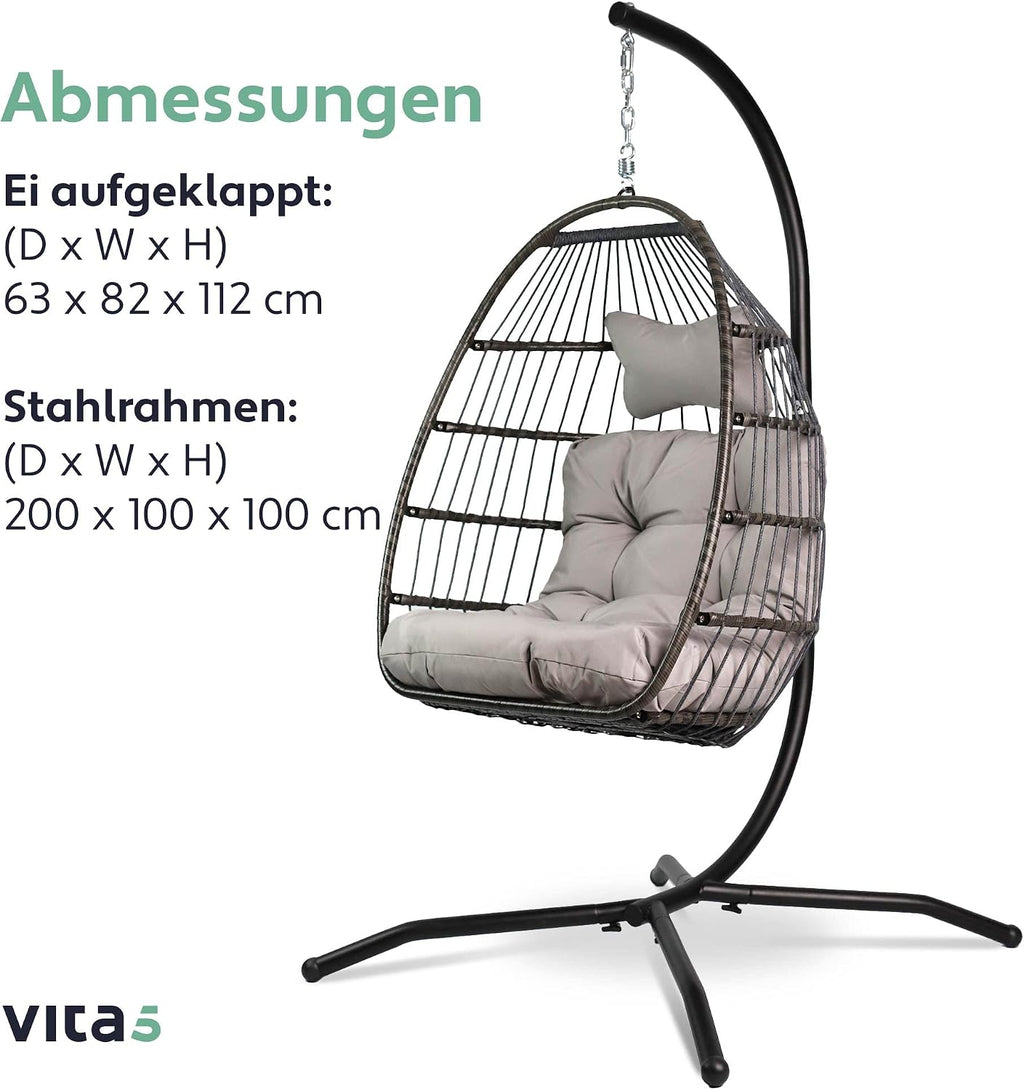 Hängesessel mit Gestell Korb Egg Schaukelstuhl Rattan Design Outdoor Indoor 150 kg Tragkraft Grau