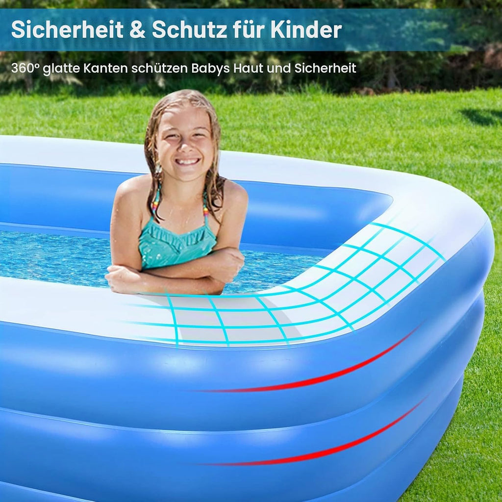 Aufblasbarer Pool rechteckig 305 x 182 x 56 cm PVC Schwimmbecken mit 312 Gallonen Kapazität 3 Luftkammern Familienpool Garten