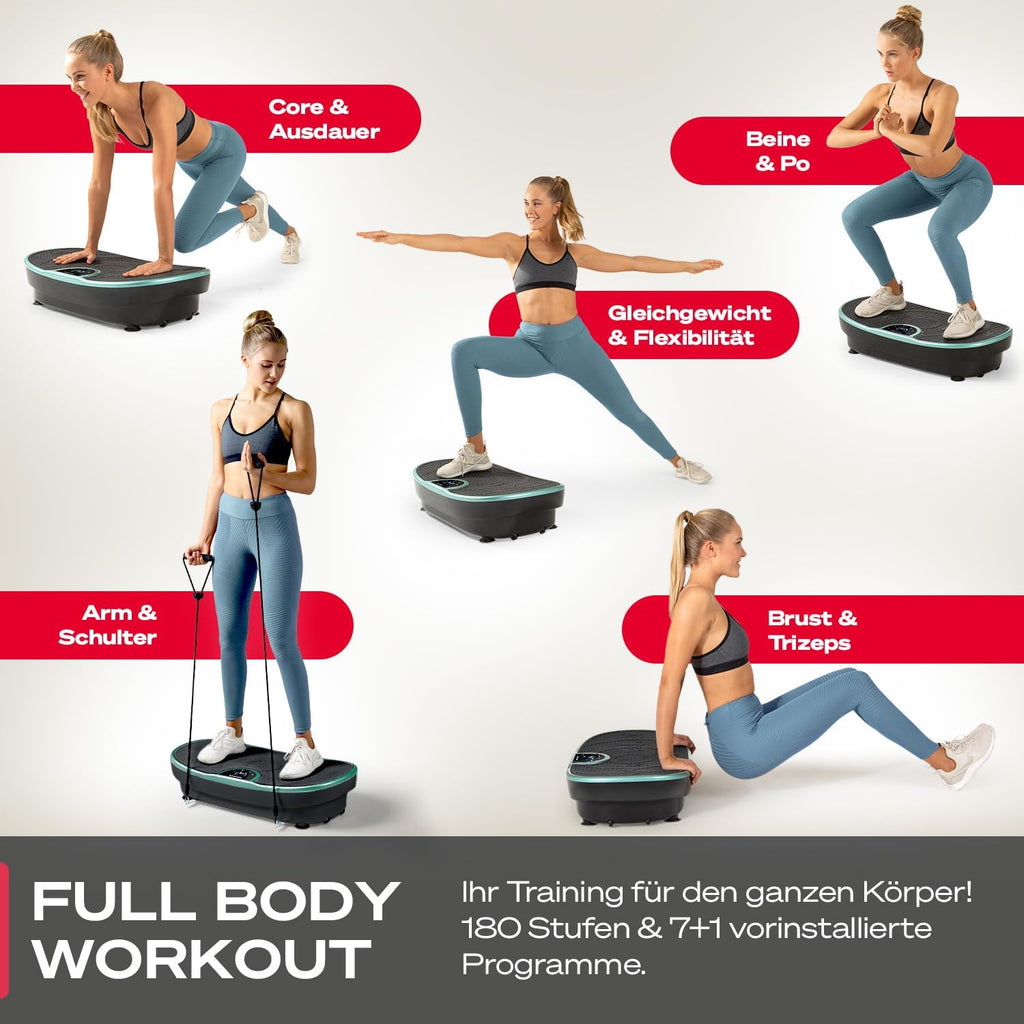 Vibrationsplatte VP250 Ganzkörpertraining mit 200 W 180 Stufen Bluetooth Lautsprecher Fernbedienung und Trainingsbändern