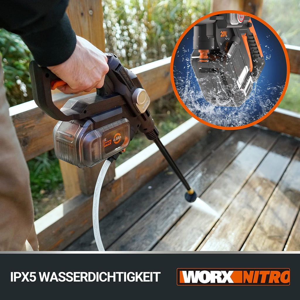 Akku-Hochdruckreiniger WG633E 20V mit 56 Bar Druck 5-in-1 Düse 4Ah Akku Ladegerät und 6m Wasserschlauch