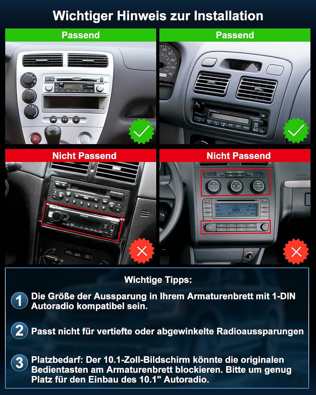 Single DIN Autoradio mit Touchscreen 10.1 Zoll Android 14 2GB 64GB Bluetooth CarPlay Android Auto Navigation Rückfahrkamera