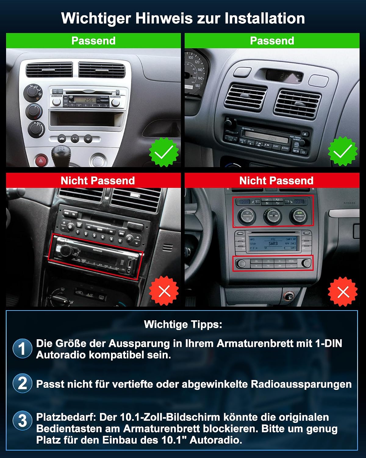 Single DIN Autoradio mit Touchscreen 10.1 Zoll Android 14 2GB 64GB Bluetooth CarPlay Android Auto Navigation Rückfahrkamera