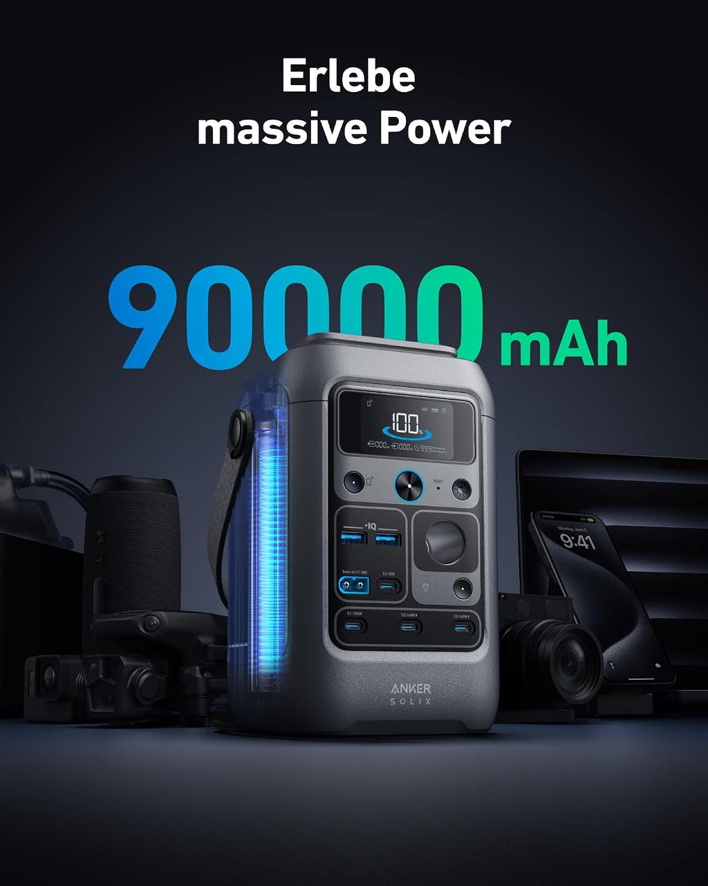 Tragbare Powerstation C300 288Wh LiFePO4 Akku 300W Ausgangsleistung mit USB-C Anschlüssen und Solarladefunktion