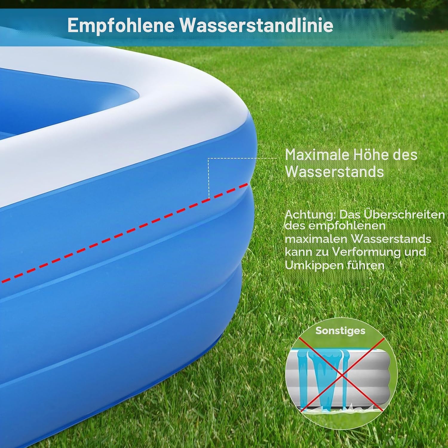 Aufblasbarer Pool rechteckig 305 x 182 x 56 cm PVC Schwimmbecken mit 312 Gallonen Kapazität 3 Luftkammern Familienpool Garten