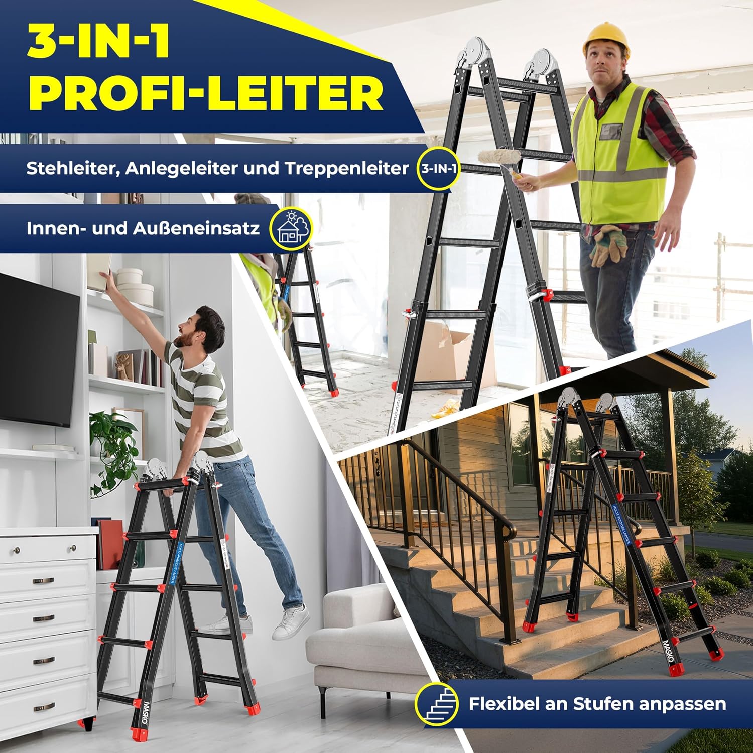 Mehrzweckleiter Aluminium 6in1 19458_mfn 20 Sprossen 150 kg Tragfähigkeit ausziehbar bis 520 cm klappbar rutschfest Gelenkleiter