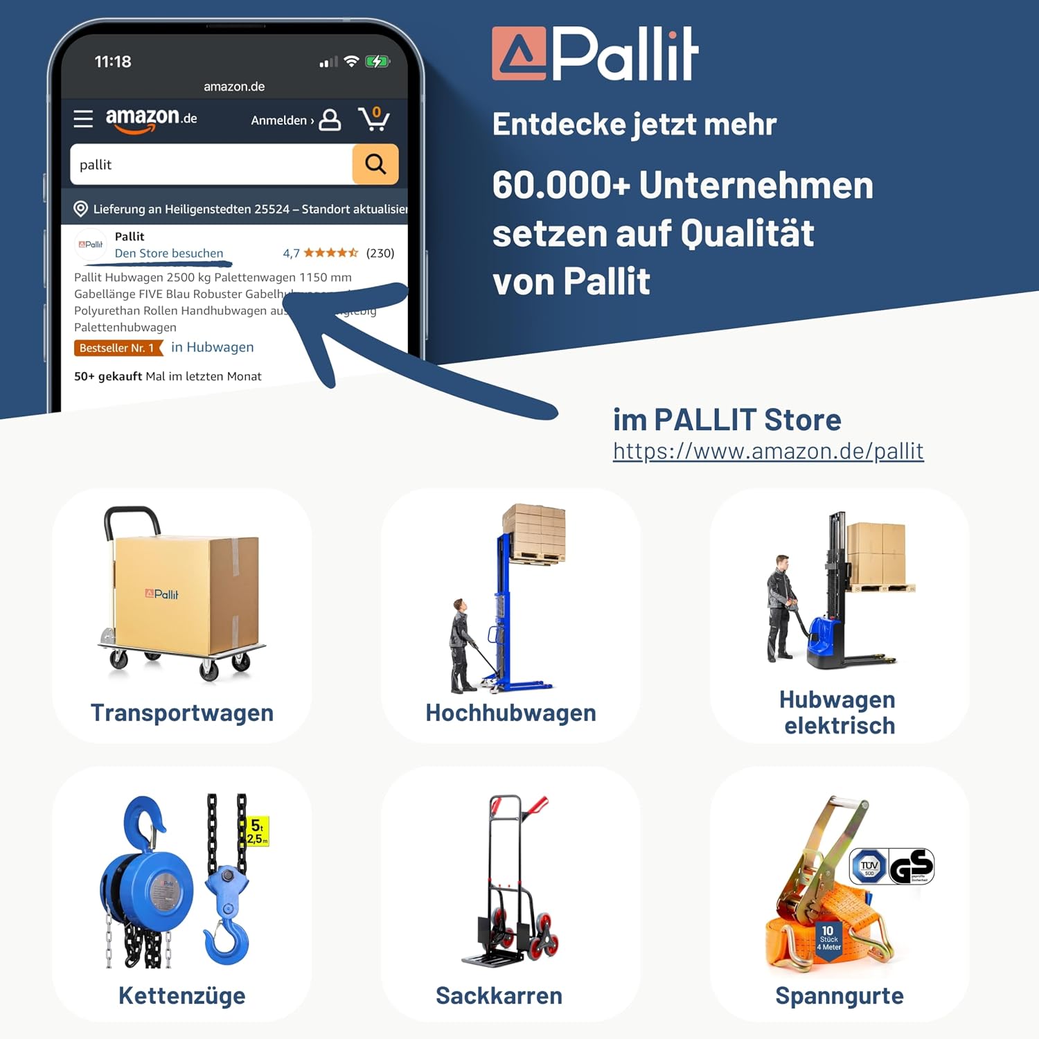 Handhubwagen FIVE 2500 kg Tragkraft mit 1150 mm Gabellänge Stahlrahmen Gummirollen Palettenwagen für Euro-Paletten