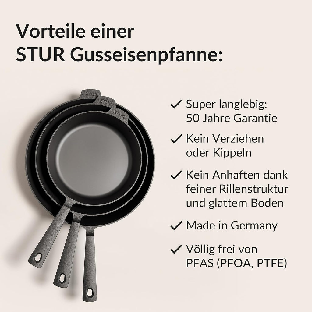 Gusseisenpfanne 28 cm Induktion für alle Herdarten fein geschliffen ohne Beschichtung Made in Germany Cast Iron Pan