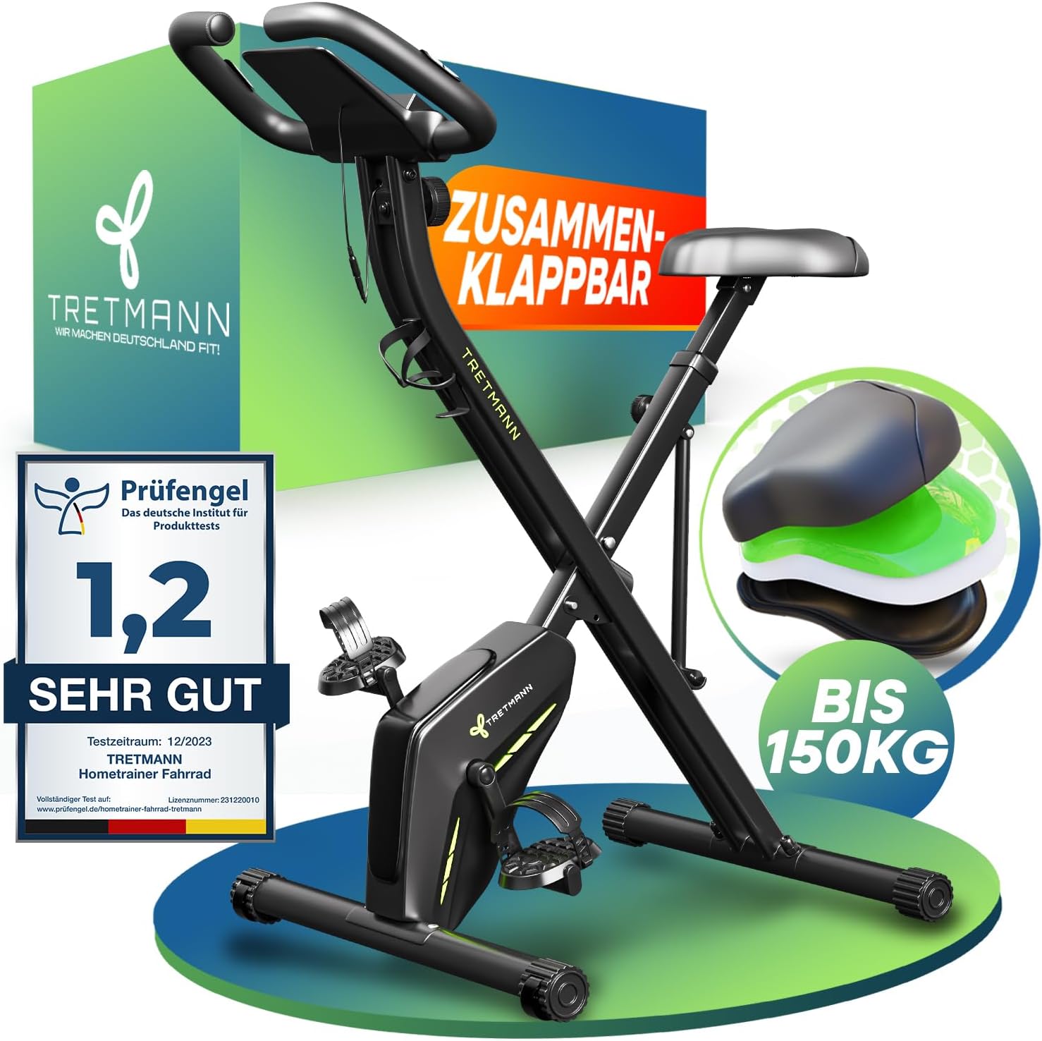 Klappbarer Heimtrainer Magnetischer Ergometer Tretmann Home bis 150 kg mit 16 Widerstandsstufen und RelaxFoam Sitz