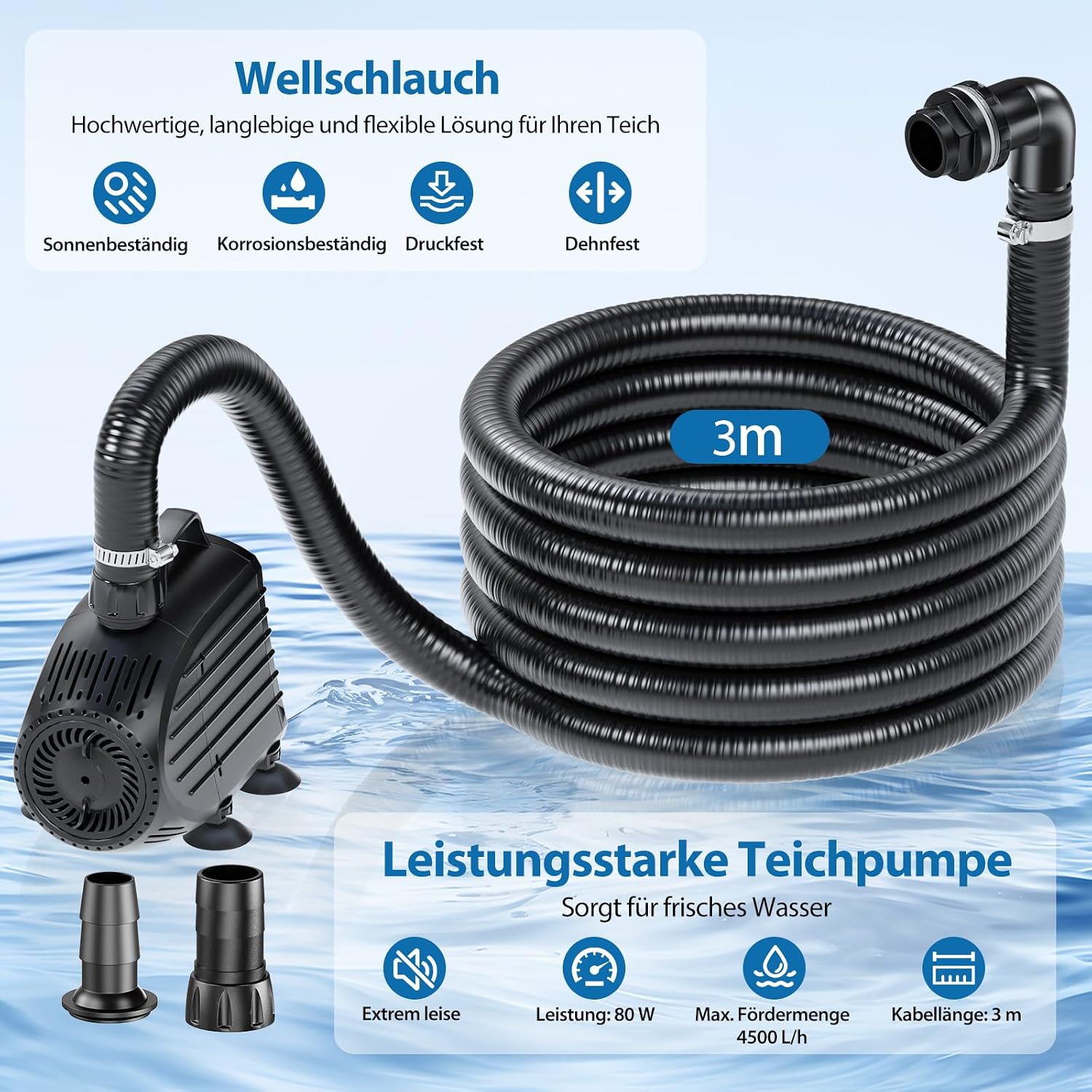 Teich Wasserfall Set P378 mit 4500 l/h Teichpumpe 3 m Wellschlauch Filtermaterial für Gartenteiche