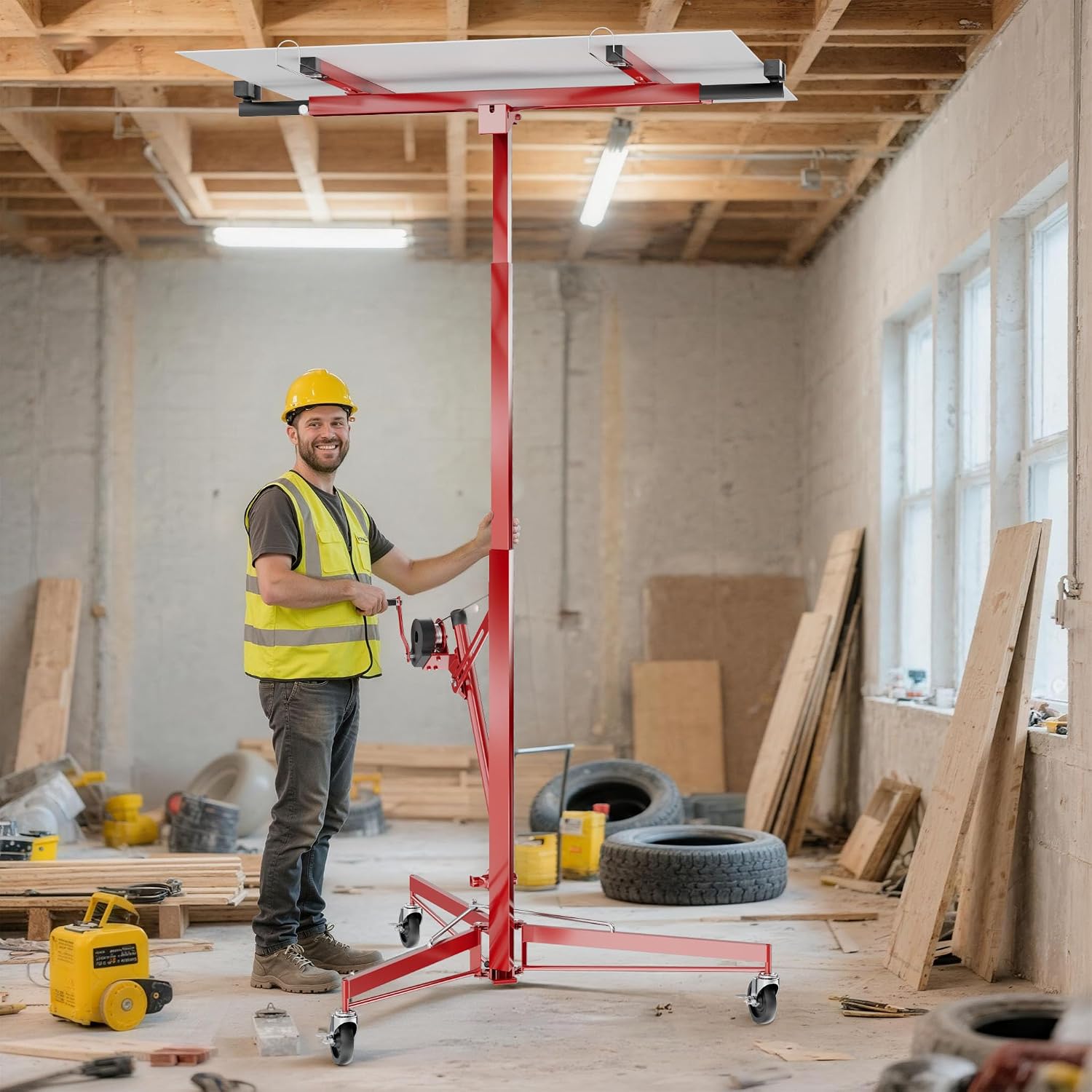 Plattenheber XXL 50790 Trockenbau Plattenlift 68 kg Arbeitshöhe 140-350 cm 1-Mann Montagehilfe 3 Rollen Feststellbremse