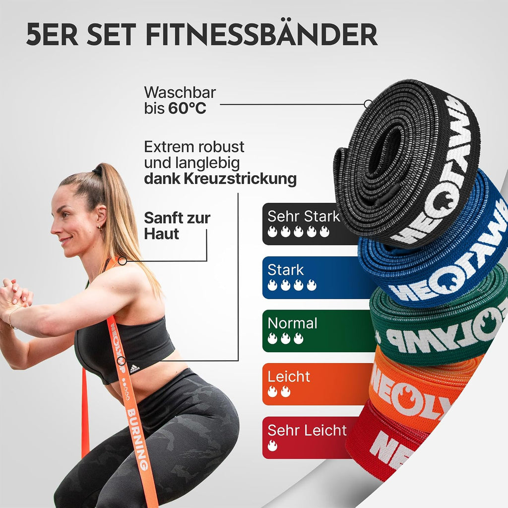 Lange Stoff Fitnessbänder Set 5 Widerstandsstufen Allroundset Ultra mit Türanker Fußschlaufen Griffen Stange