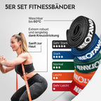 Lange Stoff Fitnessbänder Set 5 Widerstandsstufen Allroundset Ultra mit Türanker Fußschlaufen Griffen Stange