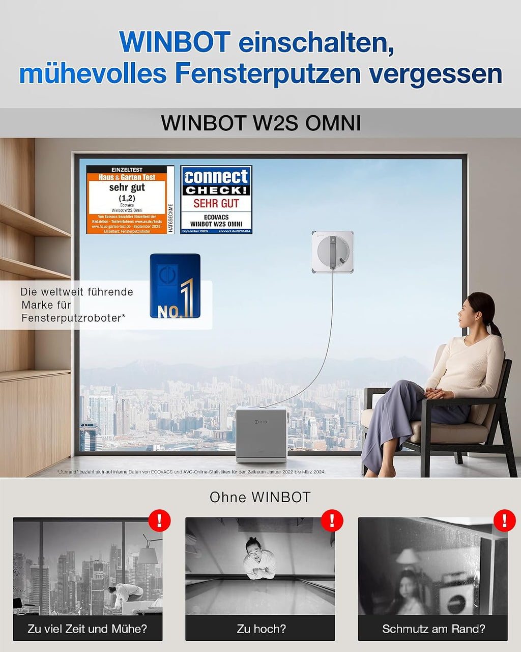 Fensterputzroboter W2S OMNI intelligente Randreinigung 6-in-1 Station Dreifachdüse 12-stufiges Schutzsystem