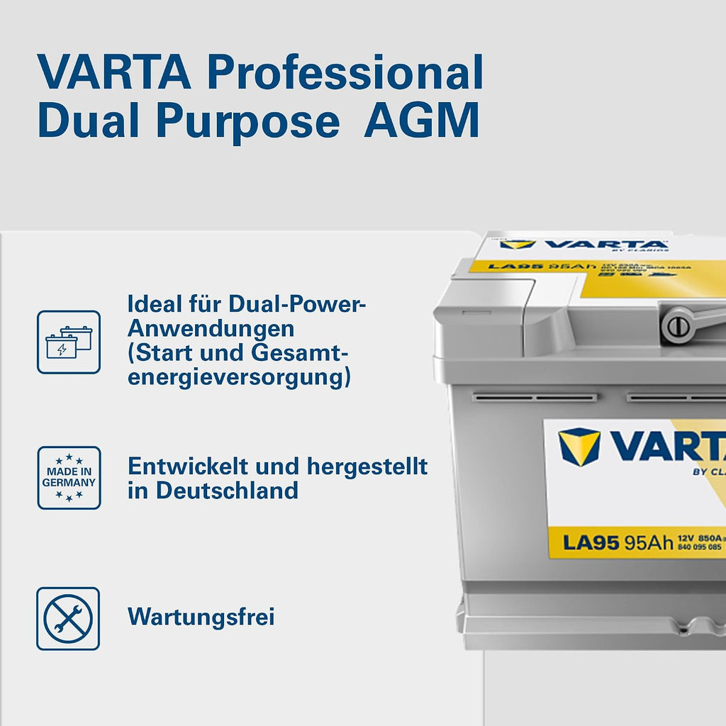 AGM Versorgungsbatterie LA95 12V 95Ah 850A Dual Purpose Batterie für Wohnmobil Wohnwagen und Boote