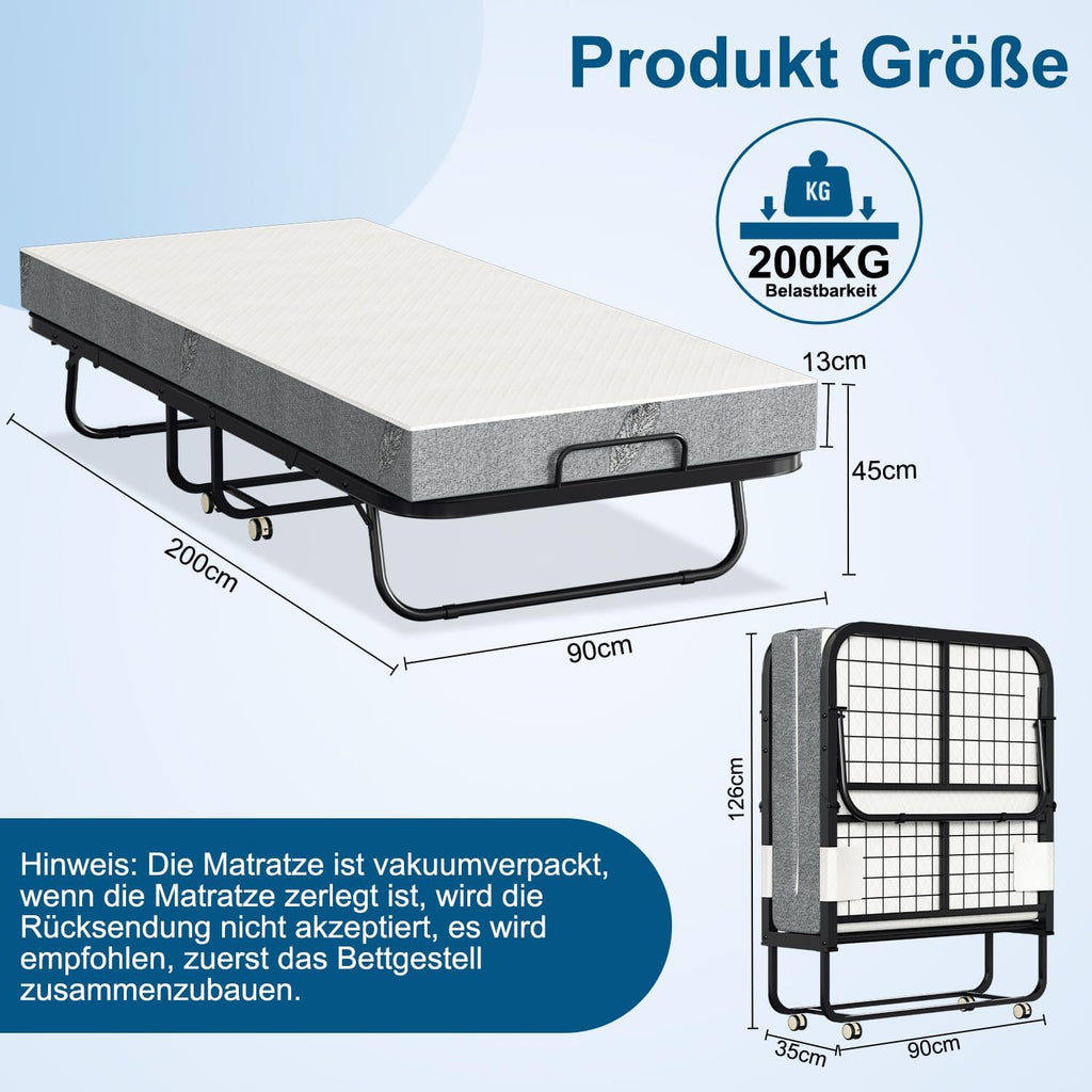 Klappbett 90x200cm Gästebett mit 13cm Schaumstoffmatratze Metallrahmen 200kg Belastbarkeit mit Rollen