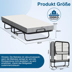 Klappbett 90x200cm Gästebett mit 13cm Schaumstoffmatratze Metallrahmen 200kg Belastbarkeit mit Rollen