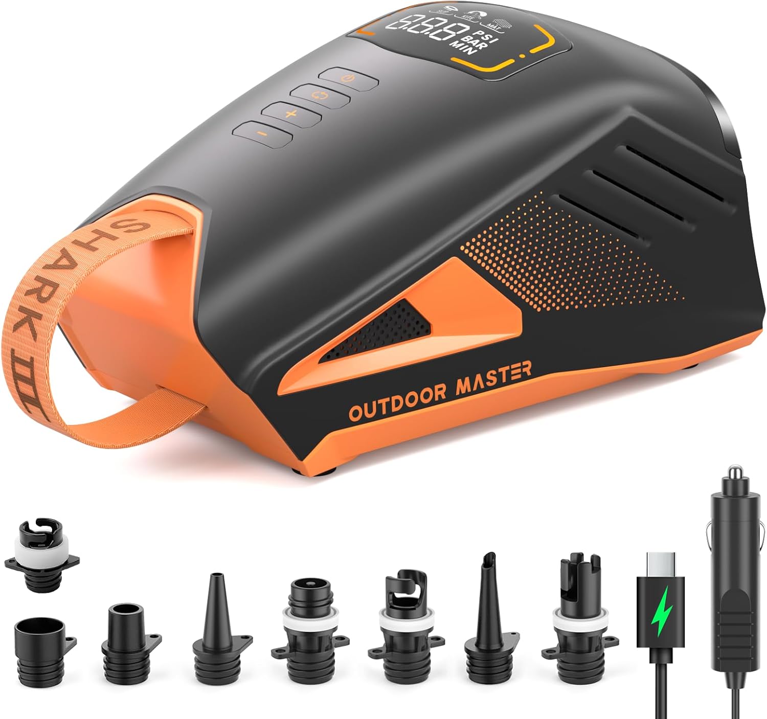 Elektrische SUP Pumpe Shark 3 Akku Luftpumpe 20 PSI 74Wh mit Auto-Off Funktion 8 Düsen Luftschlauch für SUP Boards