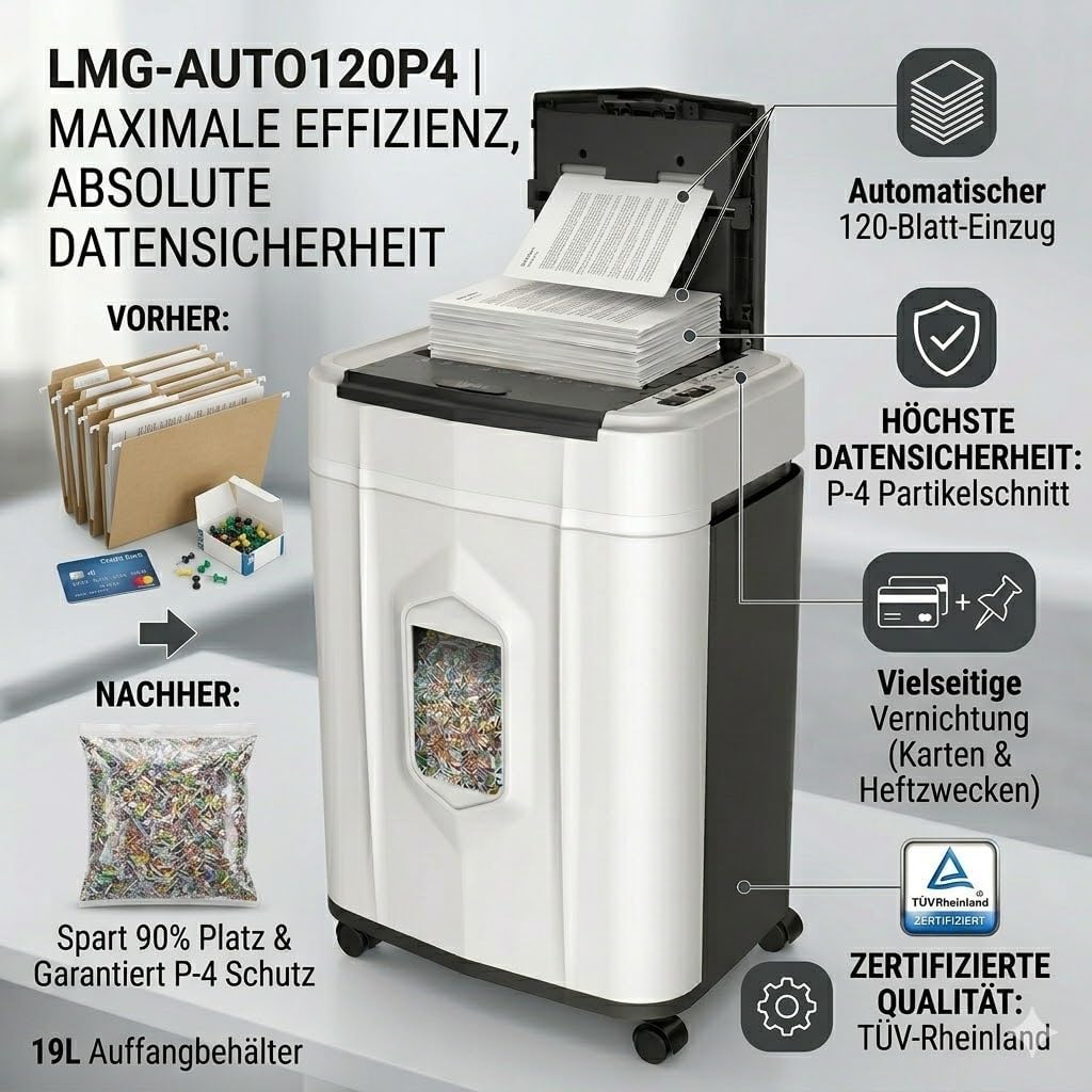 Aktenvernichter Auto-Feed 120 Blatt P4 Partikelschnitt 60 Minuten Dauerbetrieb 25L Behälter Anti-Papierstau