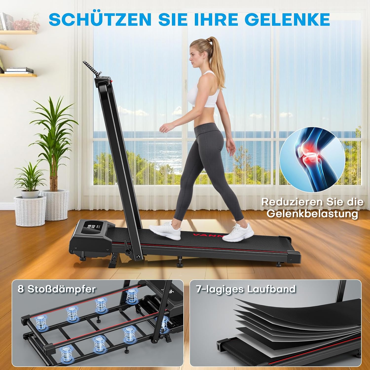 Walking Pad Laufband X390 klappbar mit 9% Steigung 1-12 km/h LCD Display App Steuerung Handlauf und Fernbedienung