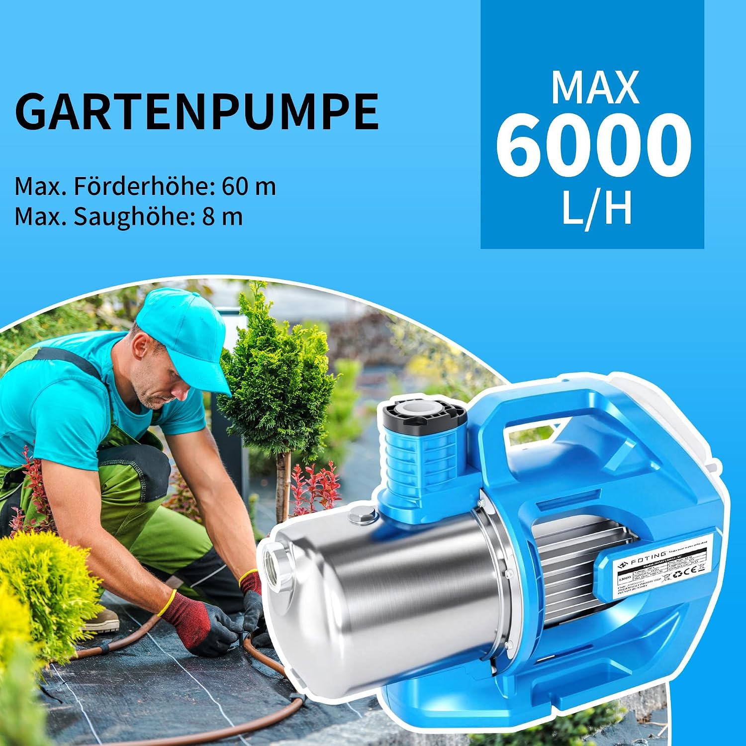 Gartenpumpe mit LCD Display 5HMP1300S1-AC 1300W 6000 l/h Förderleistung 60 m Förderhöhe Edelstahl Gehäuse