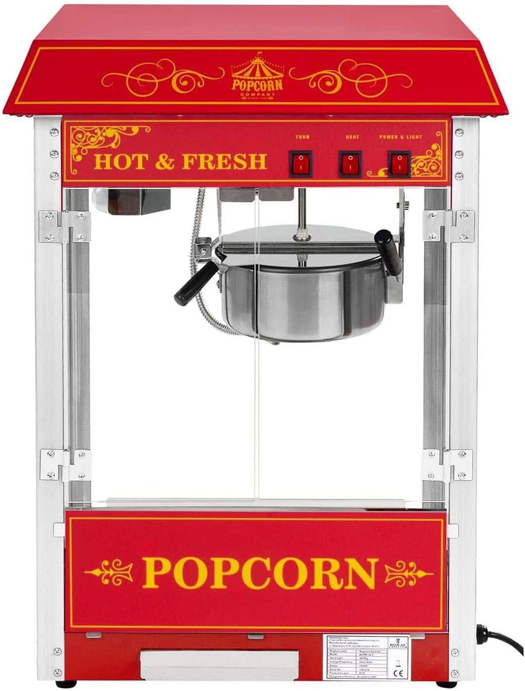 Popcornmaschine 1500W 5 kg/h Retro Design Rot Edelstahl Glas Aluminium kommerzielle Popcorn Maker Maschine