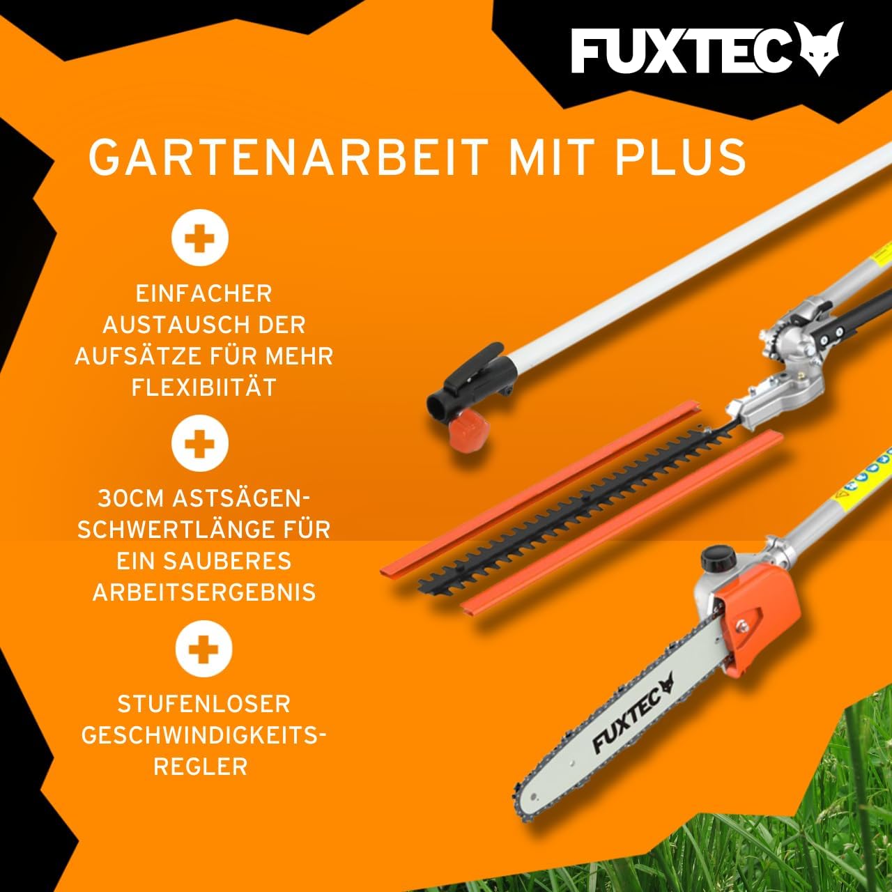 Benzin Motorsense FX-MT152E 5in1 Kombisystem 52 cc 3 PS mit Heckenschere Hochentaster Verlängerung und Tragegurt