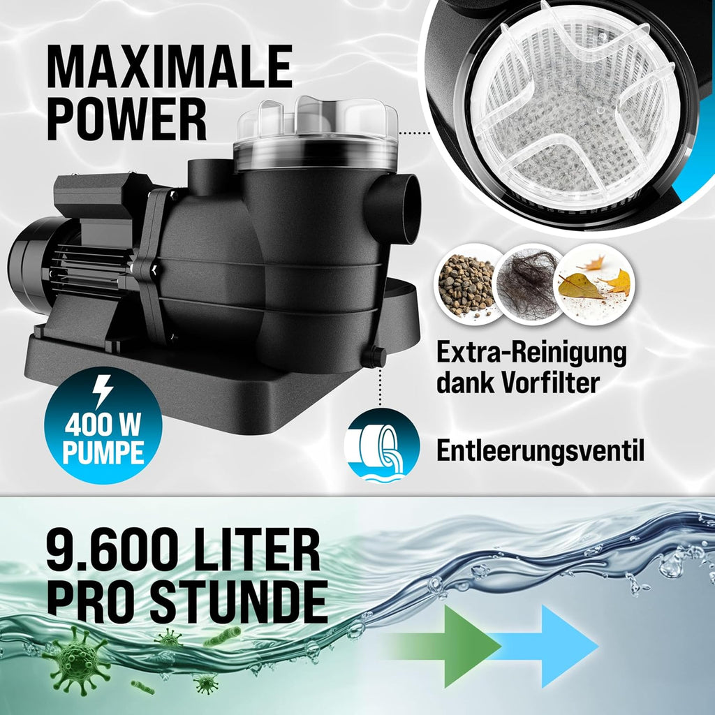 Sandfilteranlage SF96K 9600 l/h 400 W bis 30000 L Pool 7-Wege Ventil selbstansaugend Ø32-38 mm Adapter Poolfilterpumpe