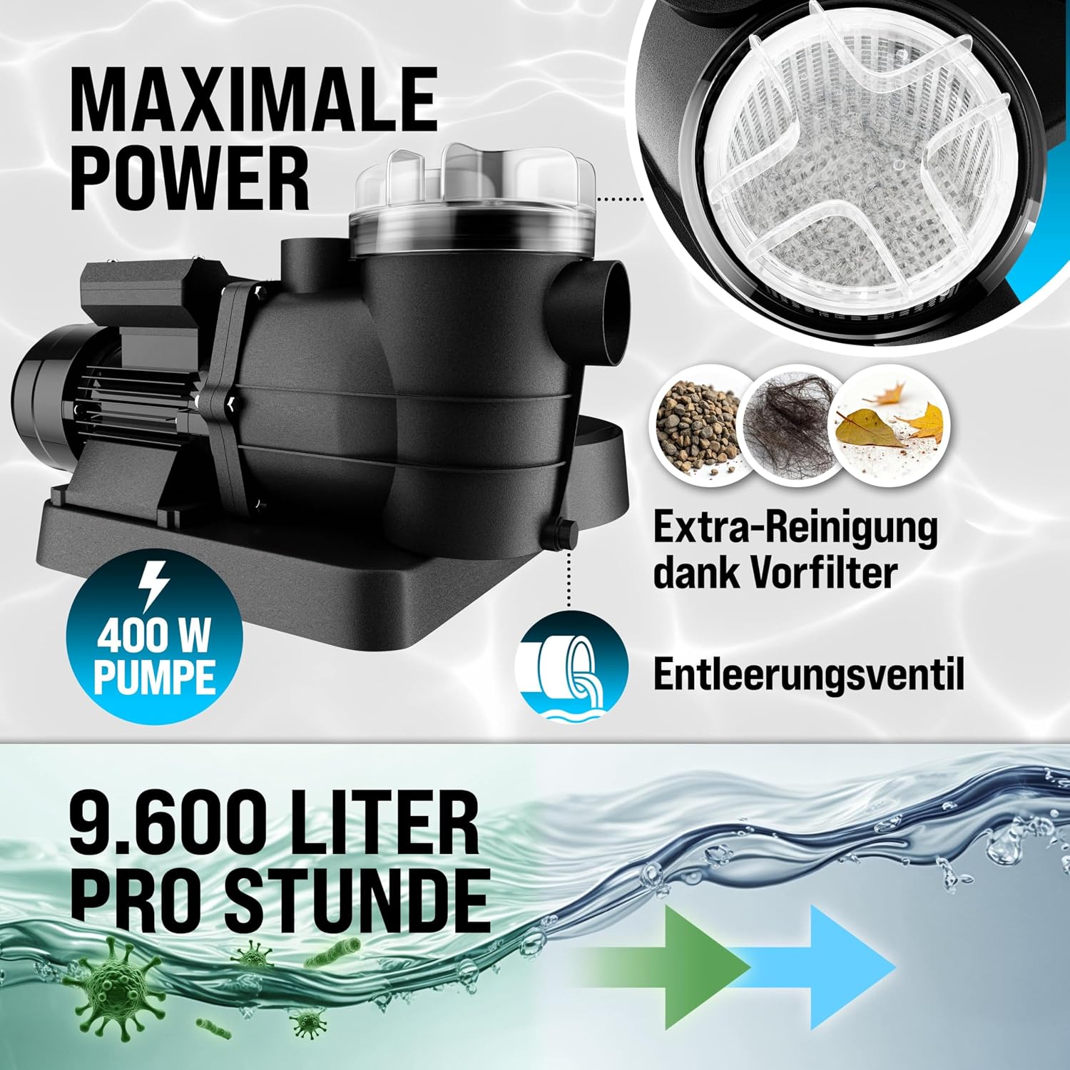 Sandfilteranlage SF96K 9600 l/h 400 W bis 30000 L Pool 7-Wege Ventil selbstansaugend Ø32-38 mm Adapter Poolfilterpumpe