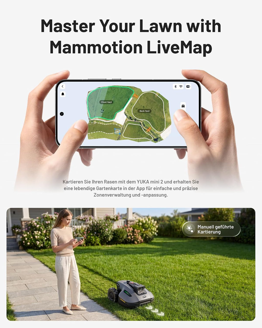 Mähroboter ohne Begrenzungskabel YUKA mini 2 500 KI Navigation automatische Mehrzonen Kartierung 500 m² Rasenpflege 45% Steigung