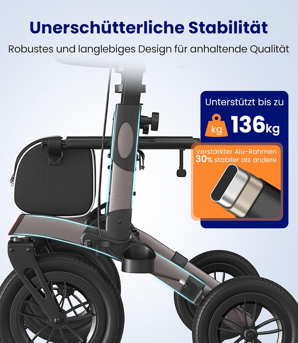 Rollator 4-Rad Gehwagen mit Sitz Aluminium faltbar höhenverstellbar Outdoor pannensichere Gummireifen 136 kg Tragfähigkeit grau