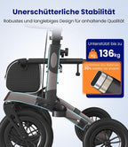 Rollator 4-Rad Gehwagen mit Sitz Aluminium faltbar höhenverstellbar Outdoor pannensichere Gummireifen 136 kg Tragfähigkeit grau