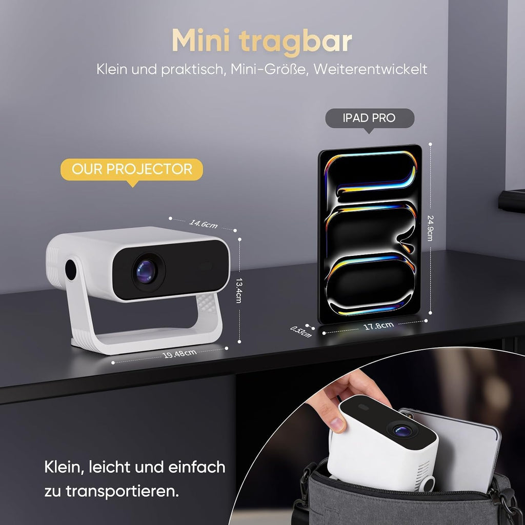Mini Beamer Android 14 Heimkino Projektor 1080P 4K Dekodierung WiFi6 BT5.2 Automatische Trapezkorrektur für Smartphone HDMI PC