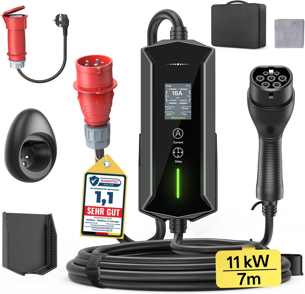 Mobile Wallbox Ladegerät 11kW Typ 2 400V 6-16A 7m Kabel CEE 16A EV Ladestation IP65 mit Ladezeit Einstellung