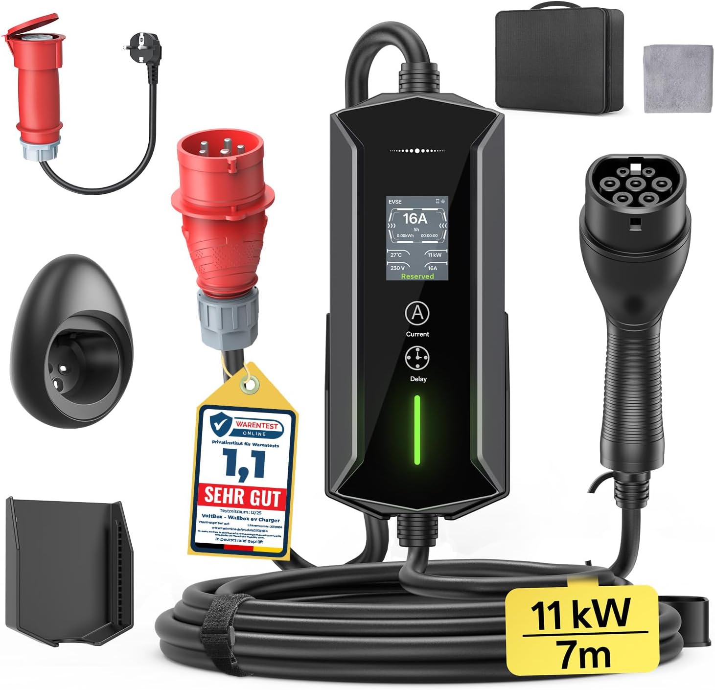 Mobile Wallbox Ladegerät 11kW Typ 2 400V 6-16A 7m Kabel CEE 16A EV Ladestation IP65 mit Ladezeit Einstellung