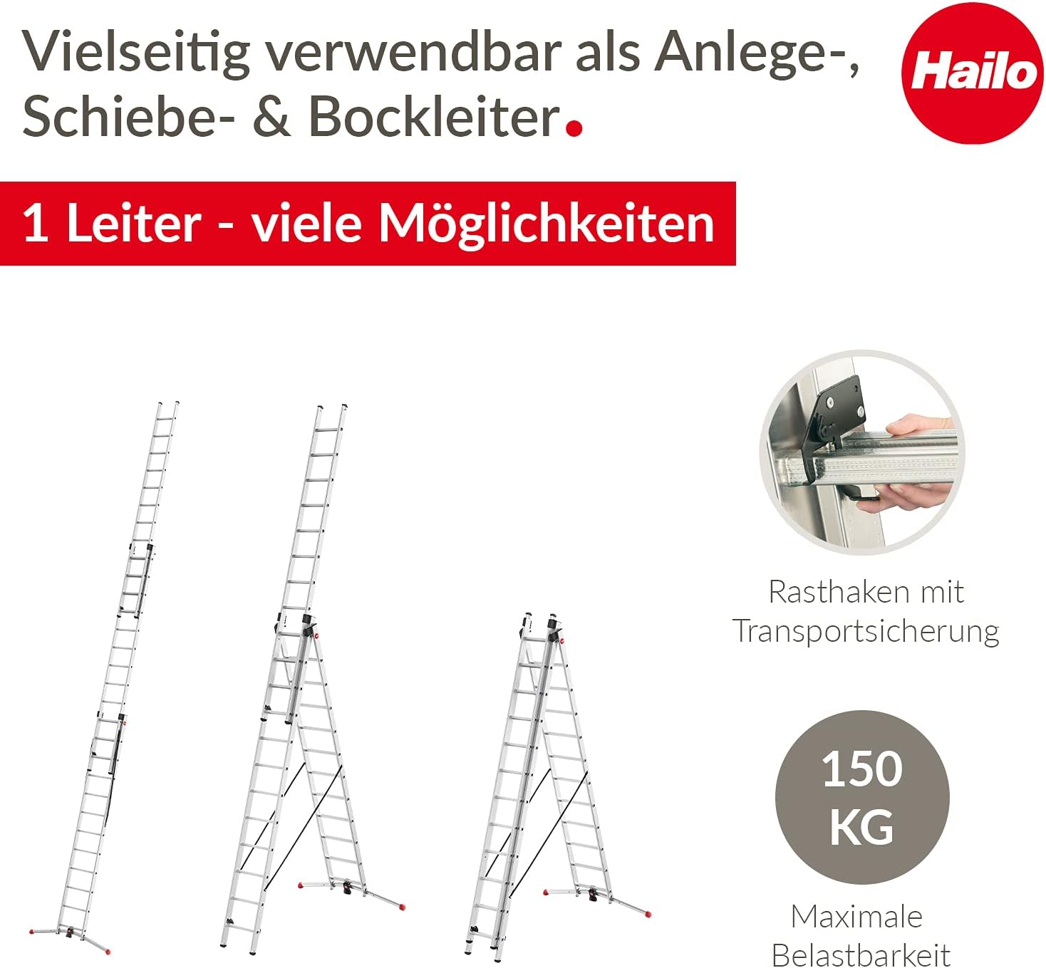 Aluminium Kombileiter 3-teilig ProfiLOT 9312-507 3x12 Sprossen 150 kg Tragkraft 9,01 m Arbeitshöhe