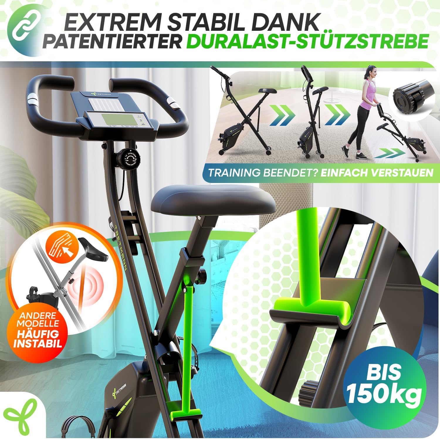 Klappbarer Heimtrainer Magnetischer Ergometer Tretmann Home bis 150 kg mit 16 Widerstandsstufen und RelaxFoam Sitz