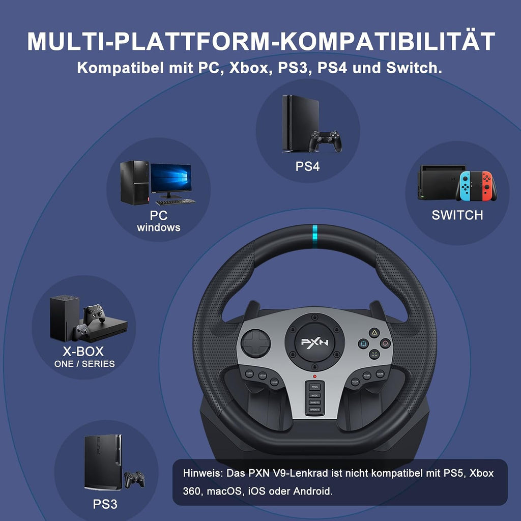 Gaming Lenkrad mit Pedalen und Schalthebel V9 270/900° PC Xbox PS4 PS3 Kompatibel mit Vibrationsrückmeldung