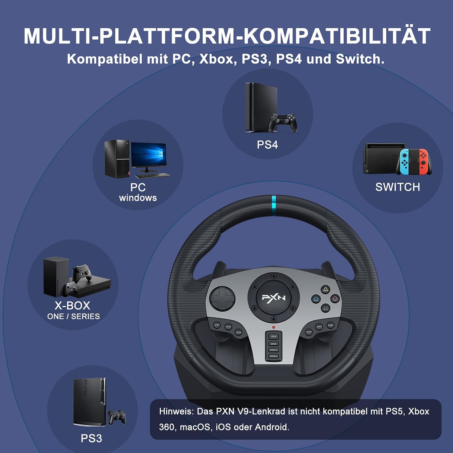 Gaming Lenkrad mit Pedalen und Schalthebel V9 270/900° PC Xbox PS4 PS3 Kompatibel mit Vibrationsrückmeldung