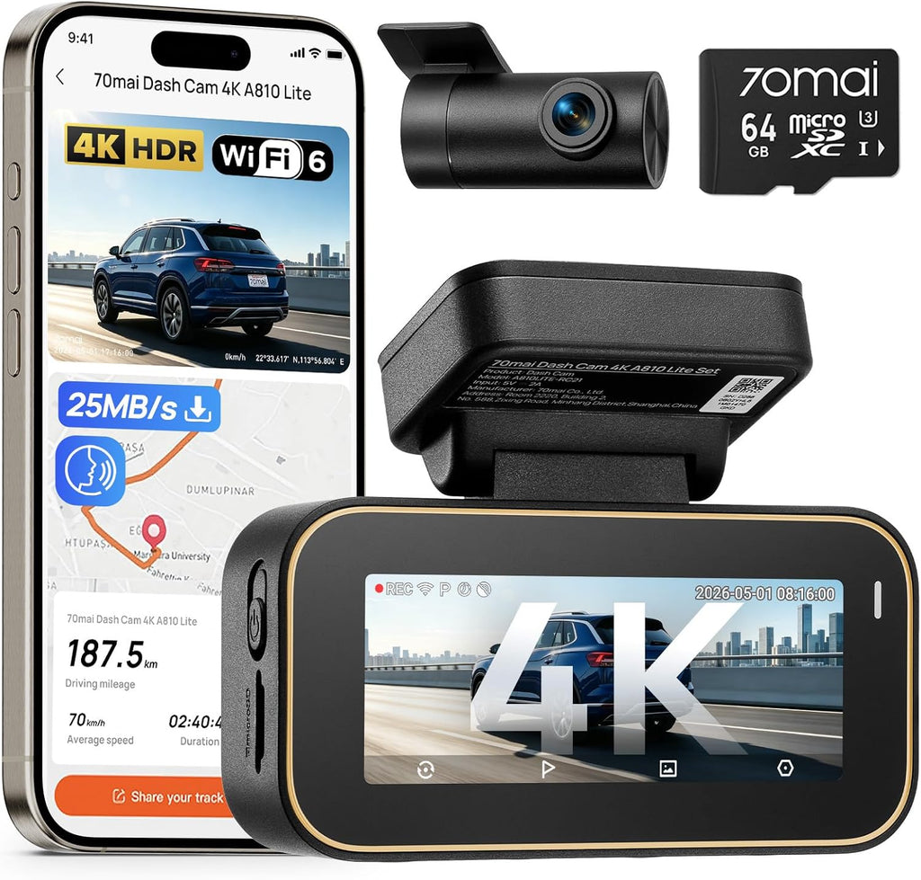 Dashcam A810 Lite Front und Rückkamera 4K 2160P mit 1080P Heckkamera 64GB Karte WLAN HDR Nachtsicht G-Sensor