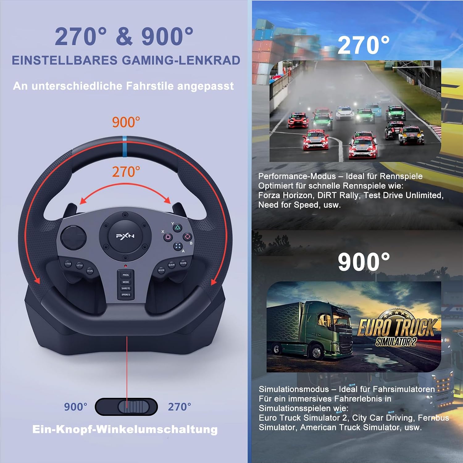 Gaming Lenkrad mit Pedalen und Schalthebel V9 270/900° PC Xbox PS4 PS3 Kompatibel mit Vibrationsrückmeldung