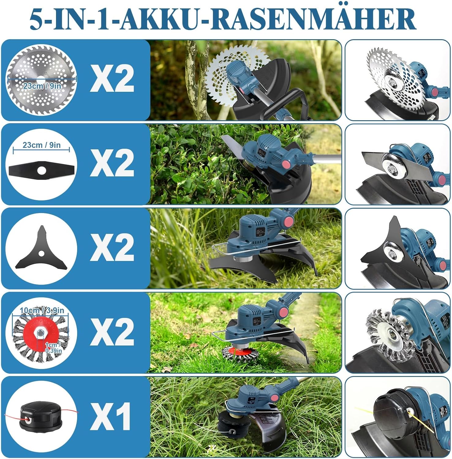 Akku Rasentrimmer HY-13 21V mit bürstenlosem Motor 23 cm Schnittbreite 5 Schneidaufsätze 2 x 4,0Ah Akku Unkrautbürste