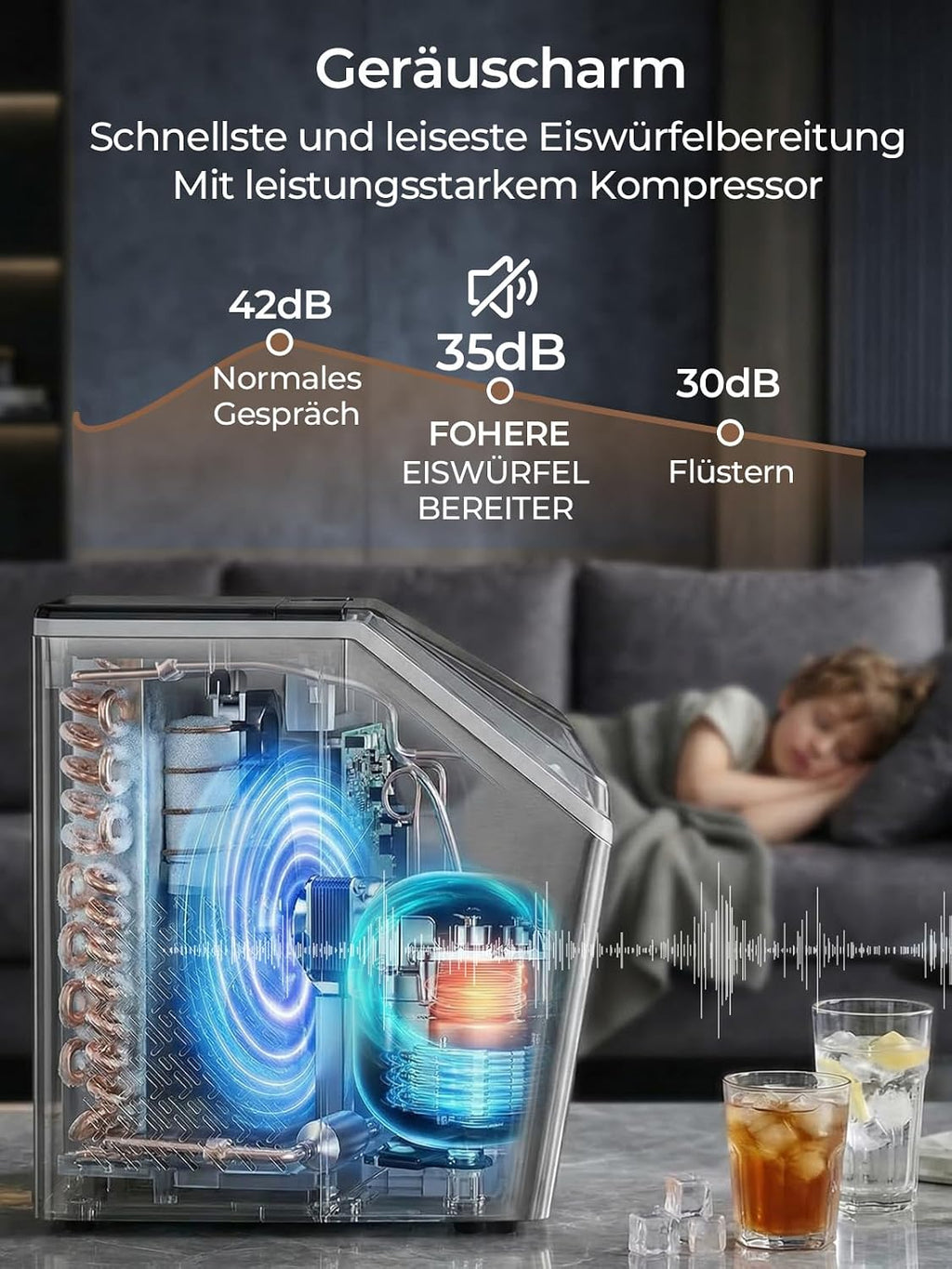 Eiswürfelmaschine Edelstahl 24 kg 24h 3,2 L Wassertank 24 Eiswürfel in 10 Minuten 40 dB Selbstreinigung Timer Abtaufunktion