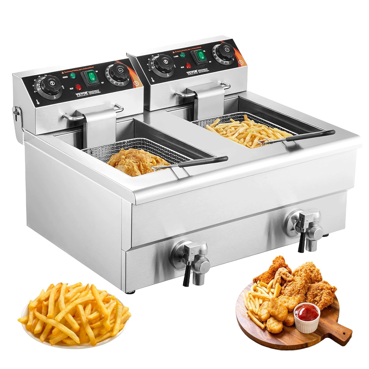 Elektrische Doppel Fritteuse 2 x 8L 3000W Edelstahl Tischfritteuse mit Temperatur und Timerregelung Doppeltank Korb