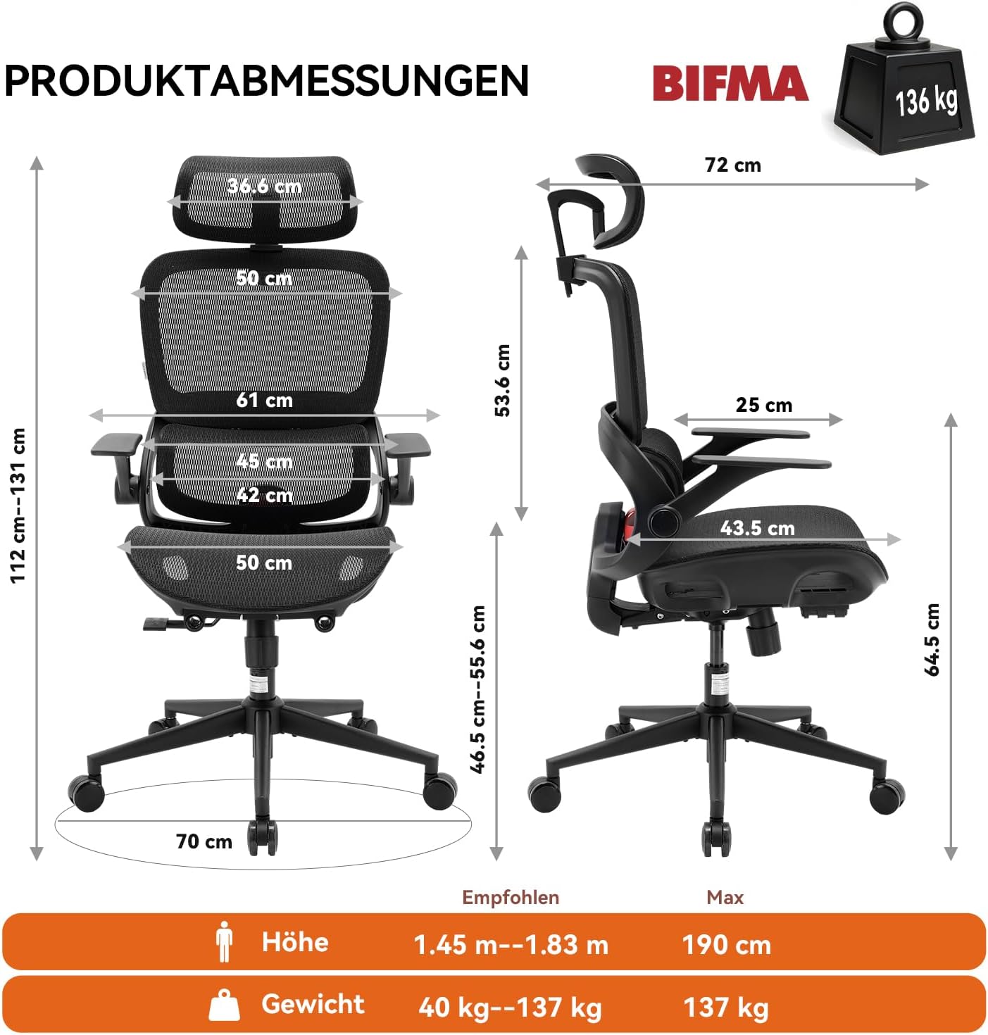 Ergonomischer Bürostuhl mit verstellbarer Lordosenstütze und Kopfstütze B100 Lite 90–135° Neigung Mesh Drehstuhl 72x70x112 cm